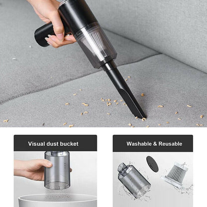 Portable car vacuum cleaner with long nozzle cleaning crumbs on a gray sofa, with images showing removable dust cup and washable filter