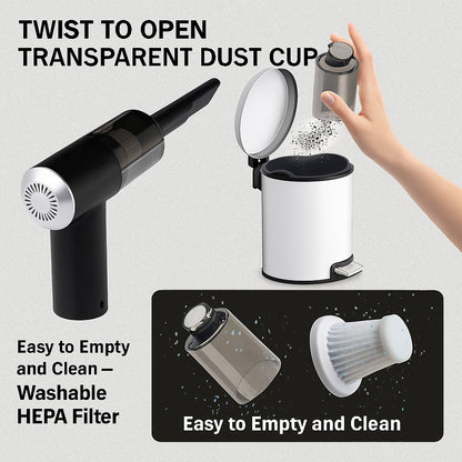Handheld portable car vacuum cleaner with transparent dust cup being emptied into a trash bin, showing washable HEPA filter and easy-to-clean design