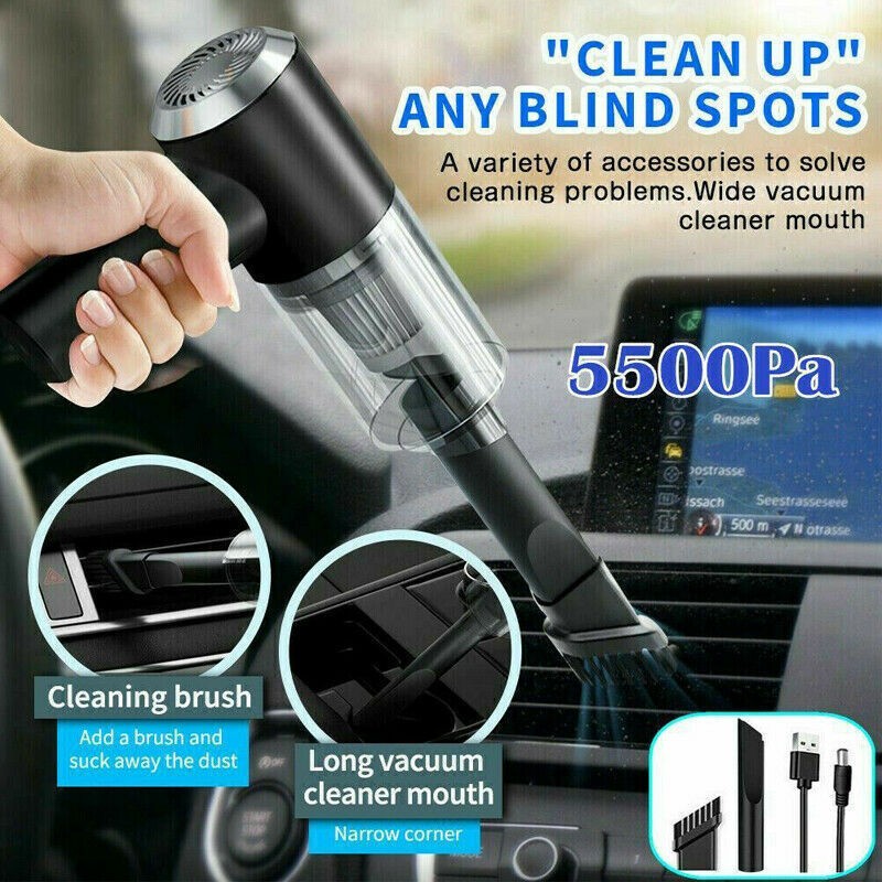 Portable car vacuum cleaner being used to clean car air vents, showing 5500Pa suction power and included brush and nozzle attachments