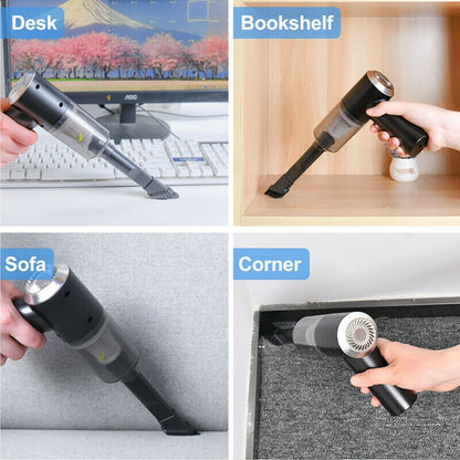Portable car vacuum cleaner used on desk, bookshelf, sofa, and room corner, demonstrating versatility and multiple cleaning scenarios