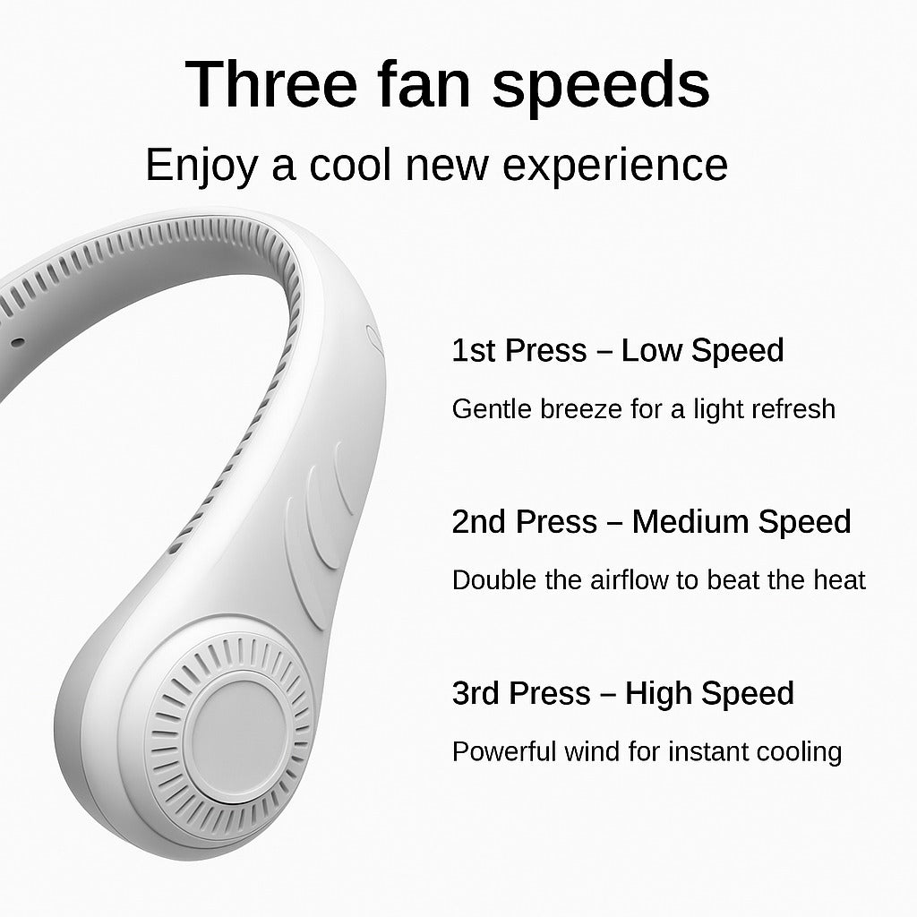 Close-up graphic showing a bladeless neck fan with three speed modes: low, medium, and high.