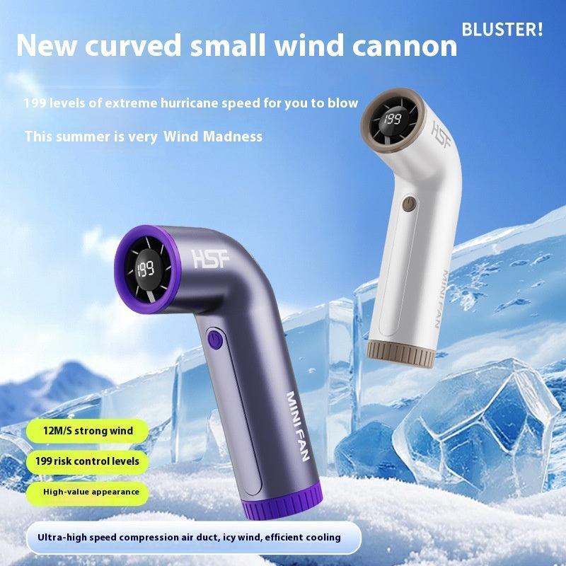Portable turbo handheld fan with digital display showing cooling effect and 199 adjustable speed levels