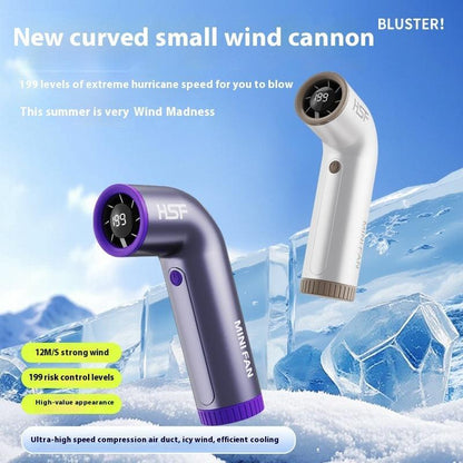 Portable turbo handheld fan with digital display showing cooling effect and 199 adjustable speed levels