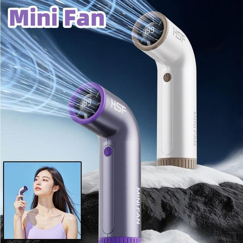 Portable Turbo Handheld Fan with digital display and strong airflow in ivory white and dark grey-purple variants
