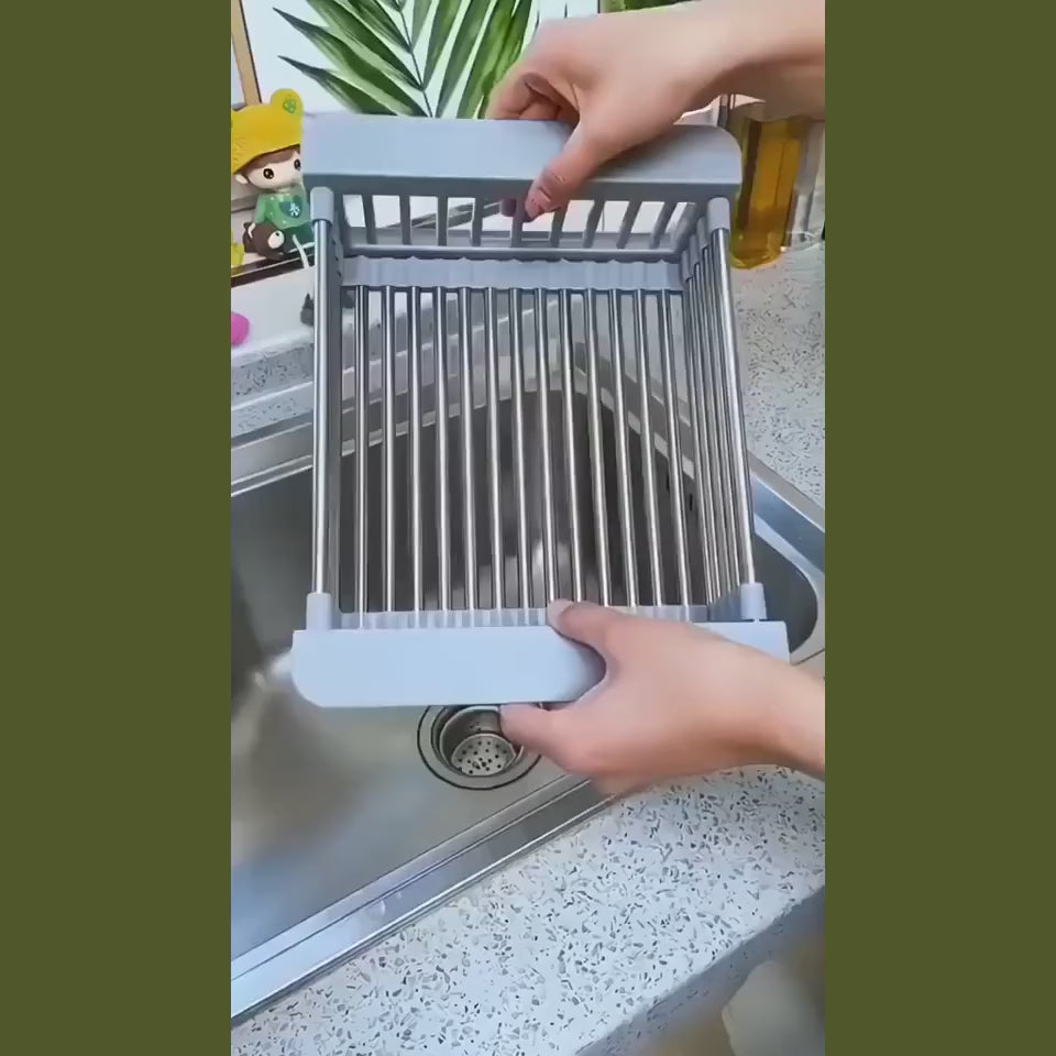 Short demo video showing the expandable stainless steel sink basket in use over a kitchen sink.