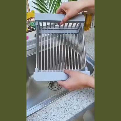 Short demo video showing the expandable stainless steel sink basket in use over a kitchen sink.