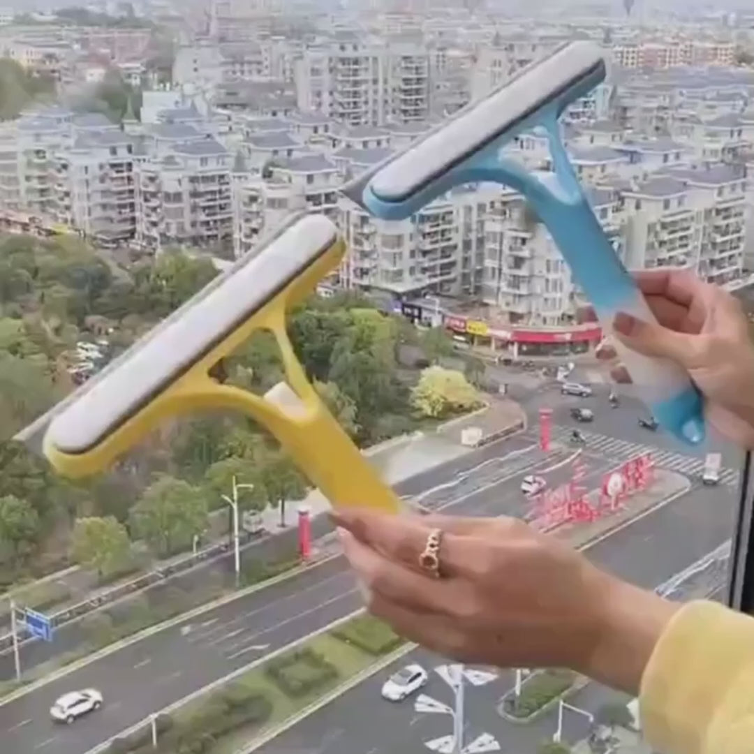 Demo video showing 3-in-1 window squeegee with spray, sponge and wiper cleaning glass and tiles