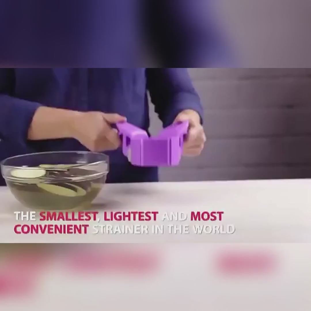 Product video of the Clip-On Silicone Pot and Pan Strainer showing how it securely clips to pots and pans and drains liquids easily