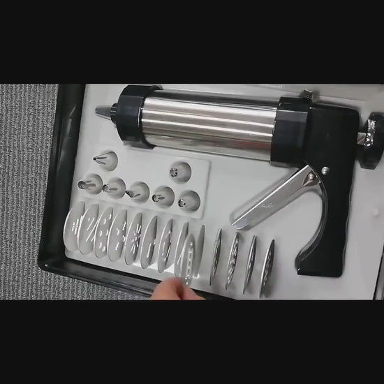 Demo video showing how to use the stainless steel cookie press kit with different discs and icing tips to make cookies and decorate cakes