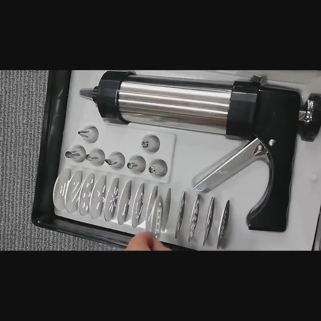 Demo video showing how to use the stainless steel cookie press kit with different discs and icing tips to make cookies and decorate cakes