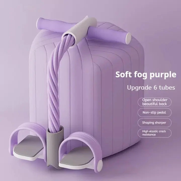 Purple 6-tube pedal resistance band with non-slip foot pedals and ergonomic handle – Soft Fog Purple variant