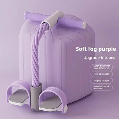 Purple 6-tube pedal resistance band with non-slip foot pedals and ergonomic handle – Soft Fog Purple variant