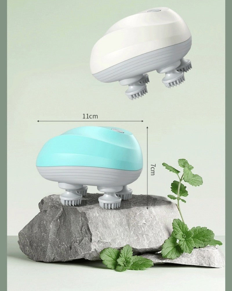 Product dimensions of intelligent scalp massager in white and mint color