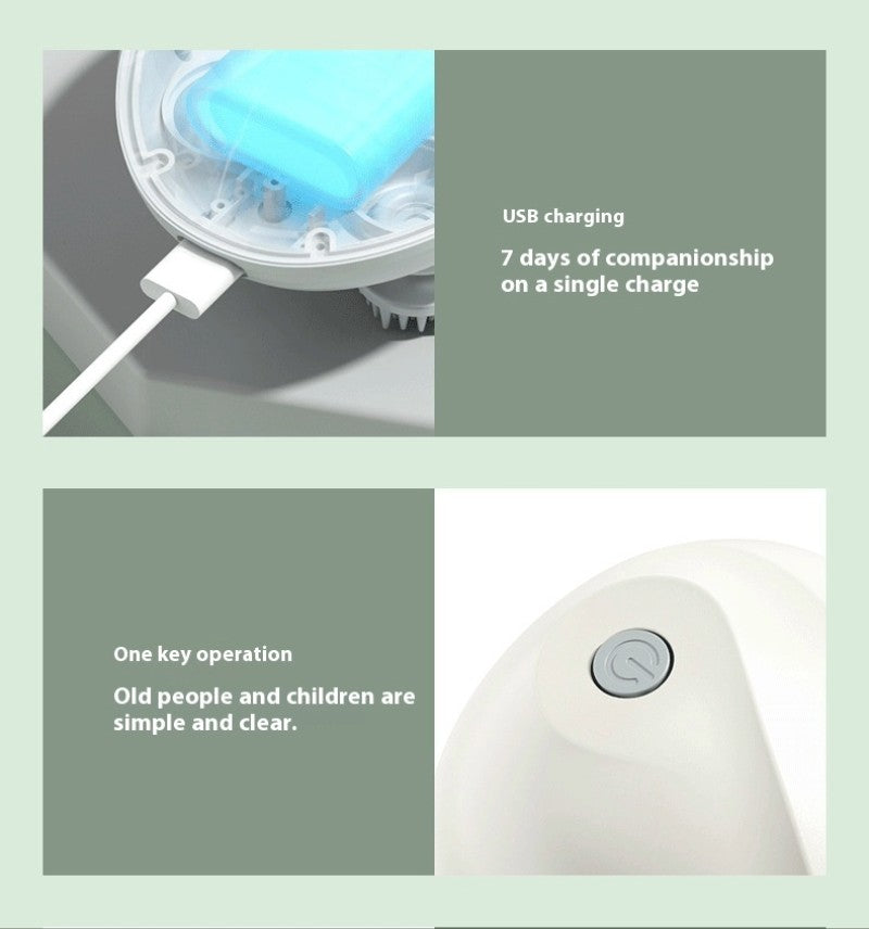 Close-up of scalp massager showing USB charging and one-button control