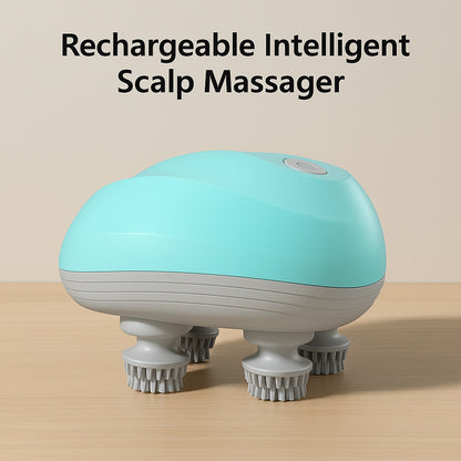 Blue rechargeable intelligent scalp massager displayed on a light wooden surface with a neutral wall background, showing ergonomic design and rotating brush heads