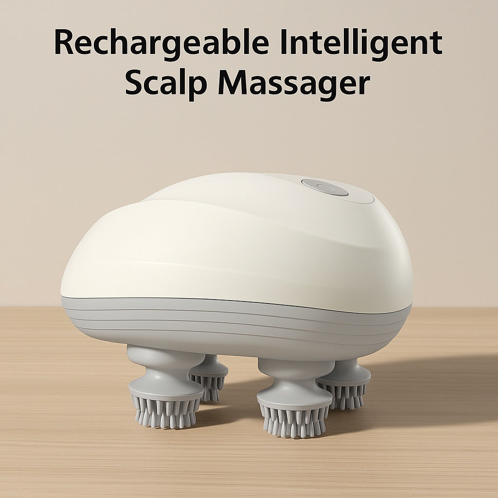 Rechargeable intelligent scalp massager on a wooden surface with a soft beige background, highlighting its white body and silicone brush heads