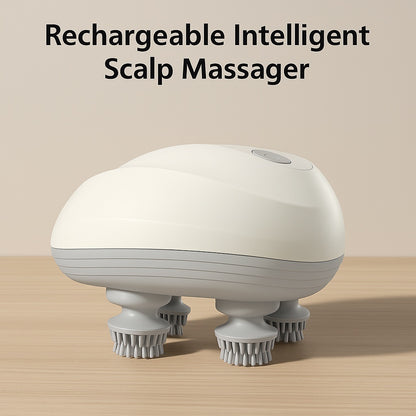Rechargeable intelligent scalp massager on a wooden surface with a soft beige background, highlighting its white body and silicone brush heads