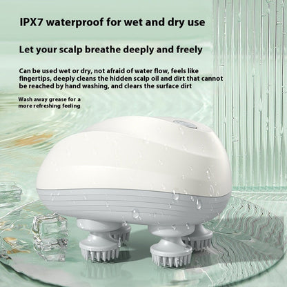 Scalp massager showing IPX7 waterproof rating for wet and dry use with product description text overlay