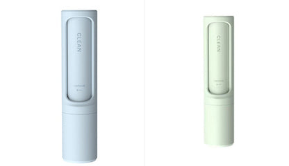 Reusable pet hair remover brush shown in white and green color variants
