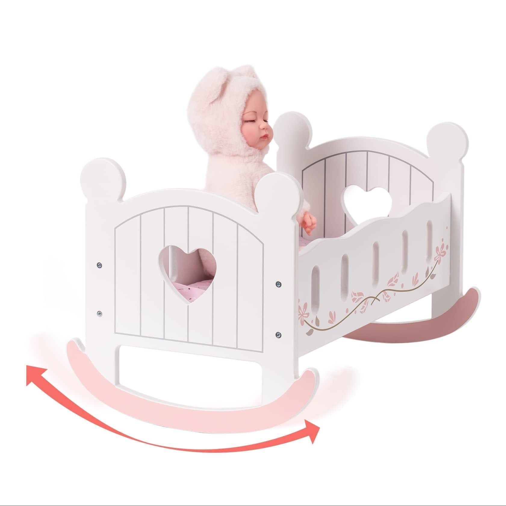 White wooden rocking cradle with heart cutouts and a doll, showing rocking motion with arrows