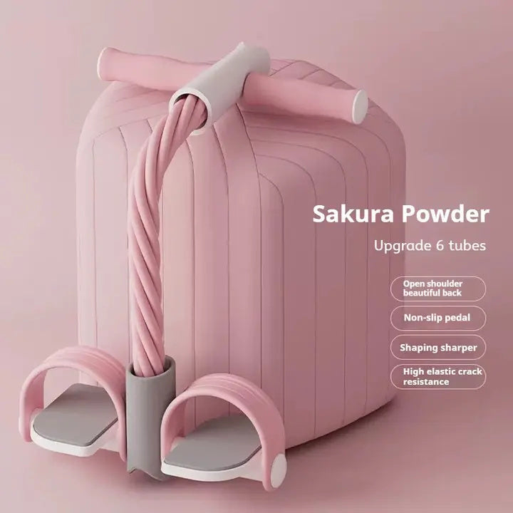 Sakura pink pedal resistance band with six-tube upgrade and non-slip foot support.