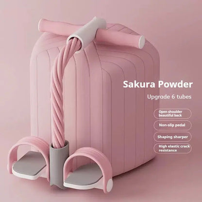 Sakura pink pedal resistance band with six-tube upgrade and non-slip foot support.