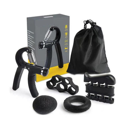 Complete Silicone Grip Ring & Ball Set including adjustable hand grippers, finger exerciser, resistance ring, stress ball, and storage bag.
