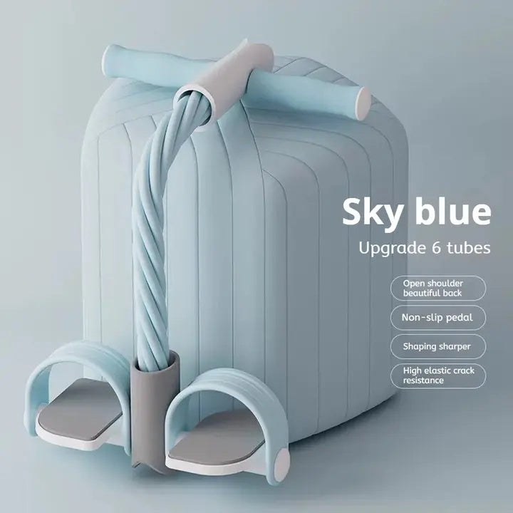 Sky blue pedal resistance band with six-tube upgrade and anti-slip pedals.