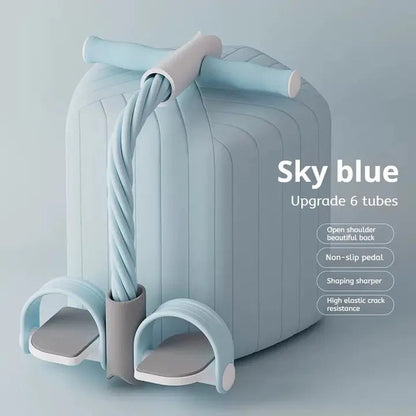 Sky blue pedal resistance band with six-tube upgrade and anti-slip pedals.