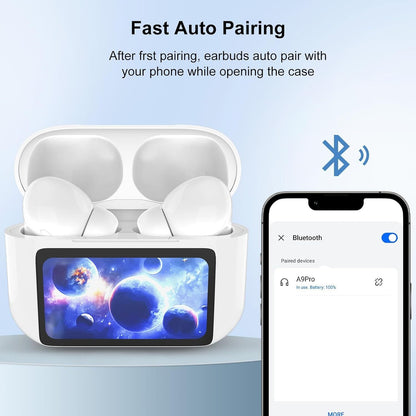 Smart Bluetooth Earbuds A9Pro showing fast auto pairing with phone via Bluetooth connection