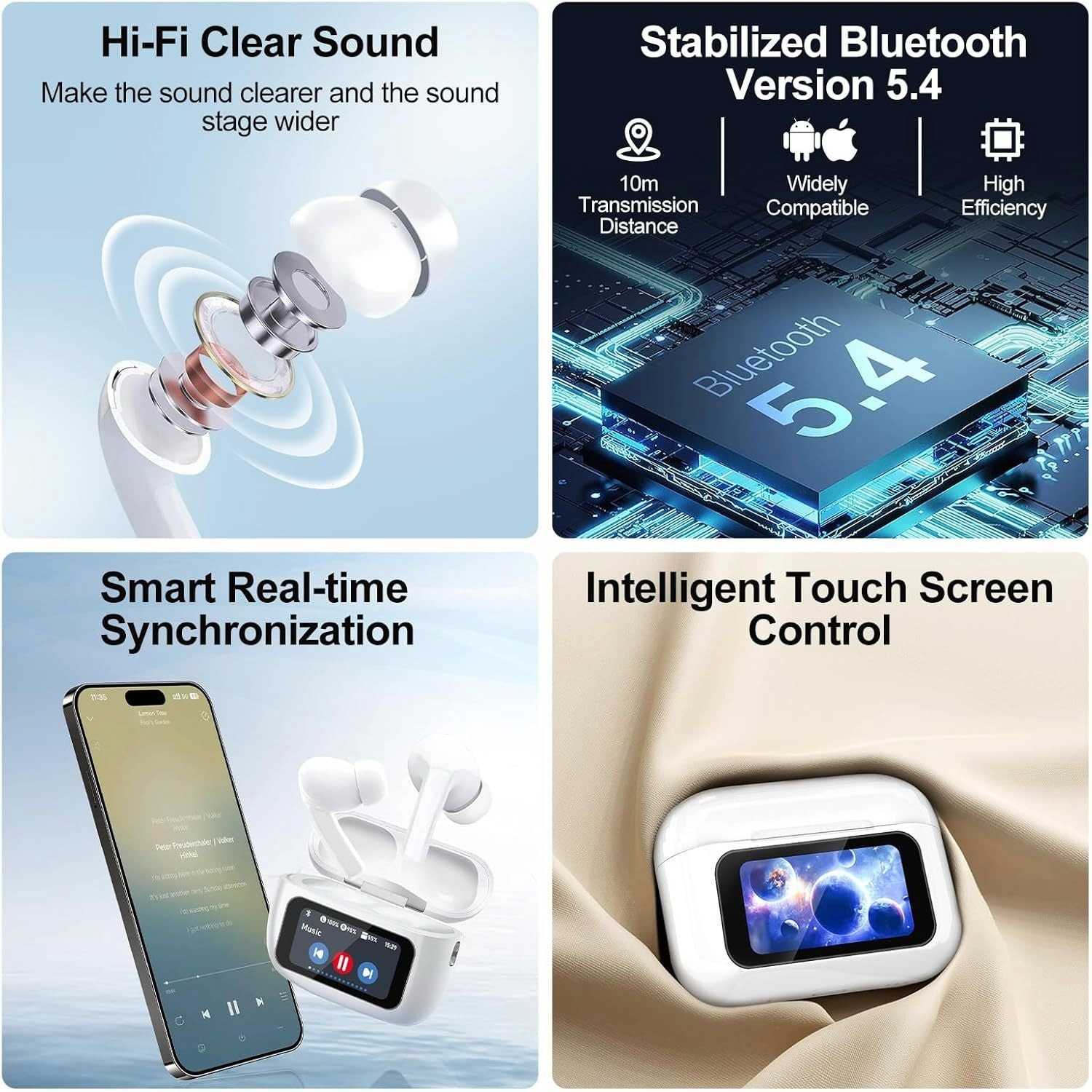 Smart Bluetooth Earbuds A9Pro with Hi-Fi sound, Bluetooth 5.4, real-time sync, and intelligent touch screen control