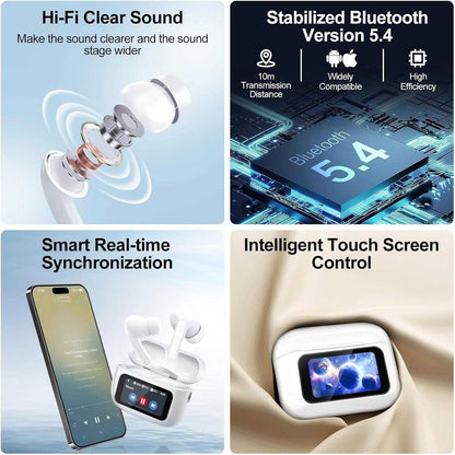Smart Bluetooth Earbuds A9Pro with Hi-Fi sound, Bluetooth 5.4, real-time sync, and intelligent touch screen control
