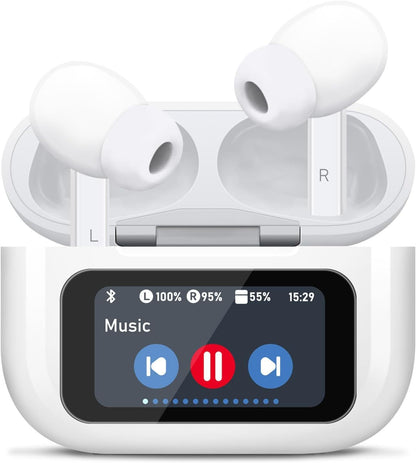 Smart Bluetooth Earbuds A9Pro with Touch Display and Charging Case showing screen interface