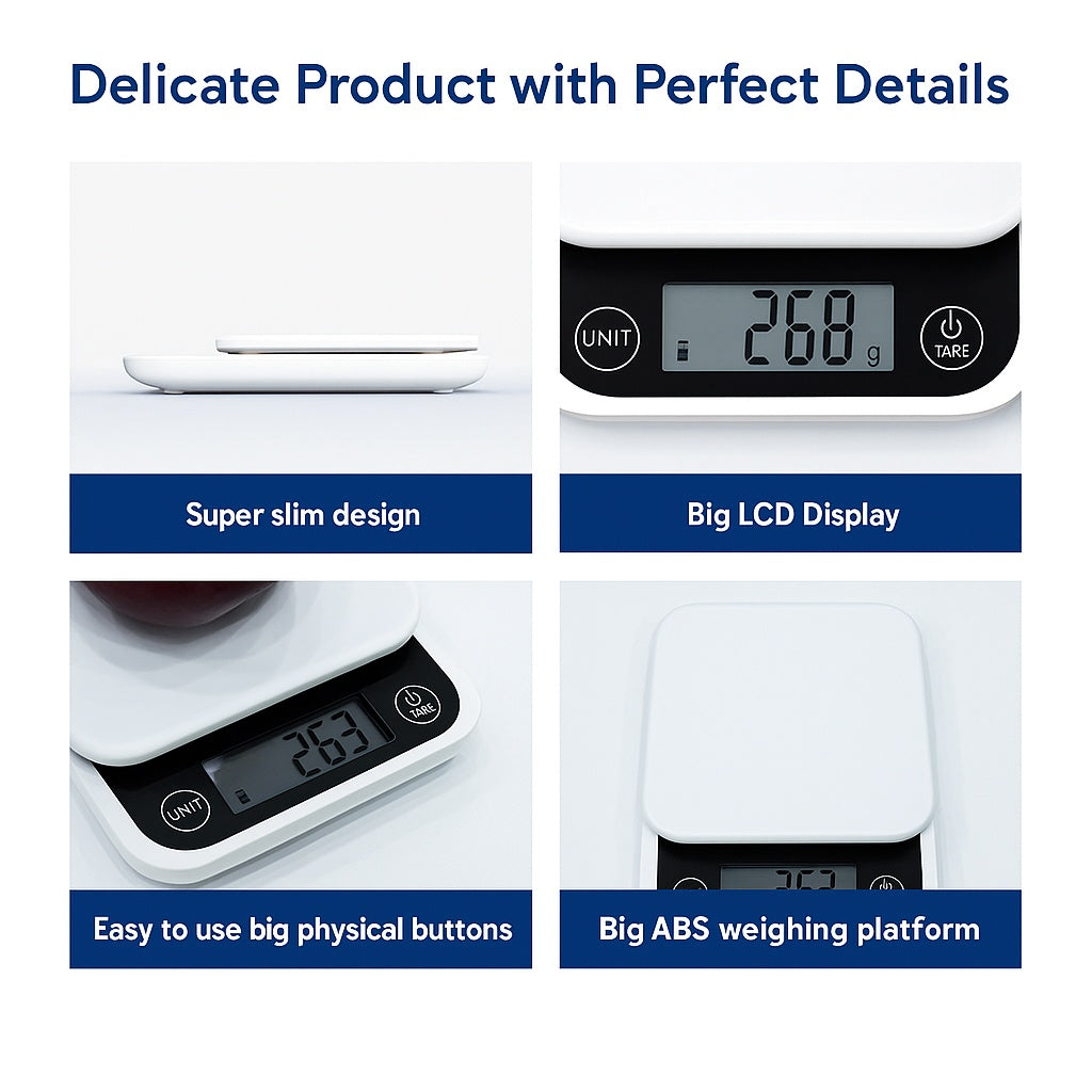 A composite image showcasing a smart kitchen scale with features like a slim design, large LCD display, easy-to-use buttons, and a big ABS weighing platform.