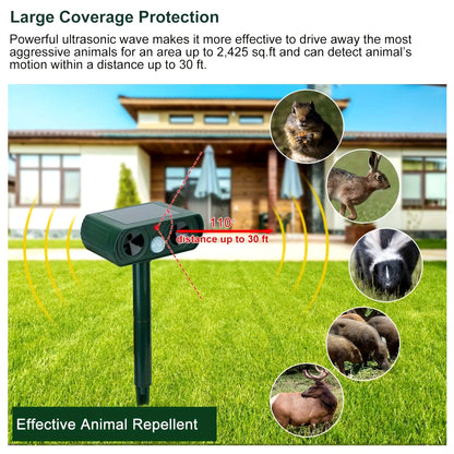 Ultrasonic animal repeller in a garden, showing 110° detection angle and 30 ft range with images of common target animals like rabbits, deer, and wild boars.