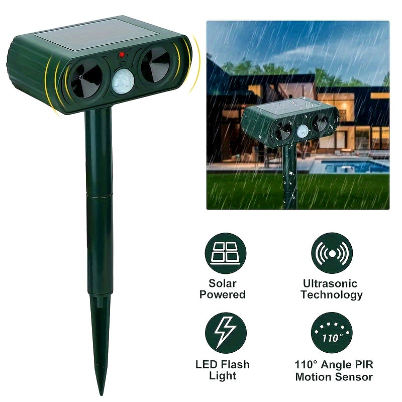 Solar ultrasonic animal repeller with feature icons – motion sensor, LED lights, waterproof design, and wide coverage shown