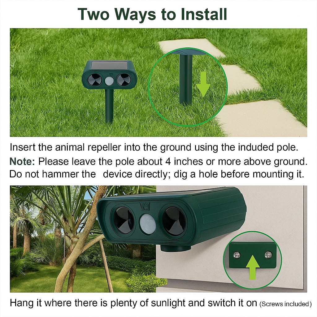 Visual guide showing two installation methods for a solar-powered ultrasonic animal repeller: ground mounting with a removable pole and wall mounting with screws, including positioning instructions.