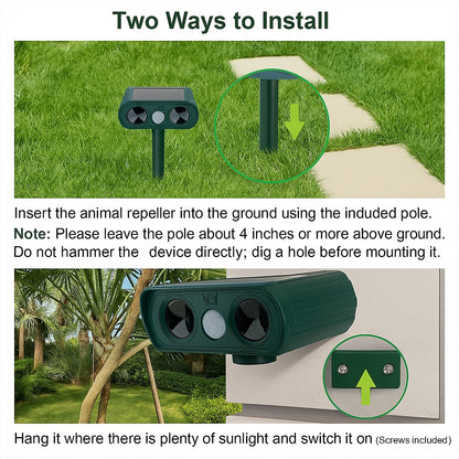 Visual guide showing two installation methods for a solar-powered ultrasonic animal repeller: ground mounting with a removable pole and wall mounting with screws, including positioning instructions.