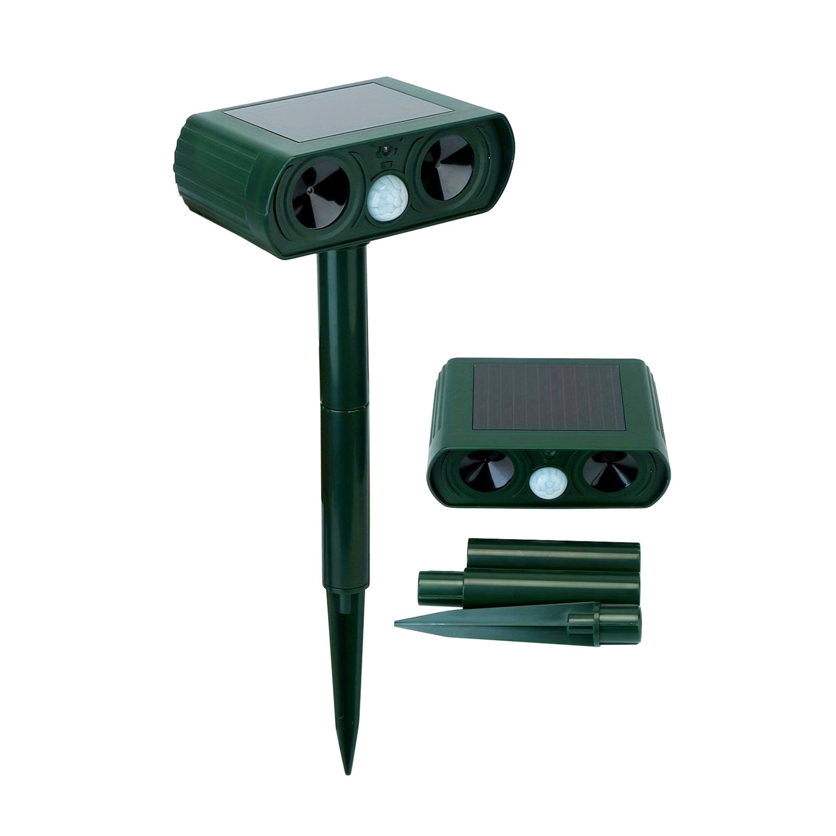 Solar-powered ultrasonic animal repeller shown with all components, including main unit, solar panel, motion sensor, and detachable mounting stakes, on a white background.