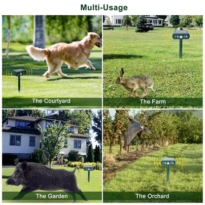 Collage showing solar-powered ultrasonic animal repeller used in different environments: courtyard with a dog, farm with a rabbit, garden with a wild boar, and orchard with a bird.
