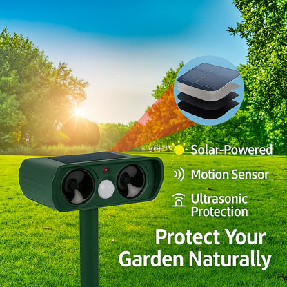 Solar-powered ultrasonic animal repeller with motion sensor, placed in a garden with sunlight, promoting natural garden protection.