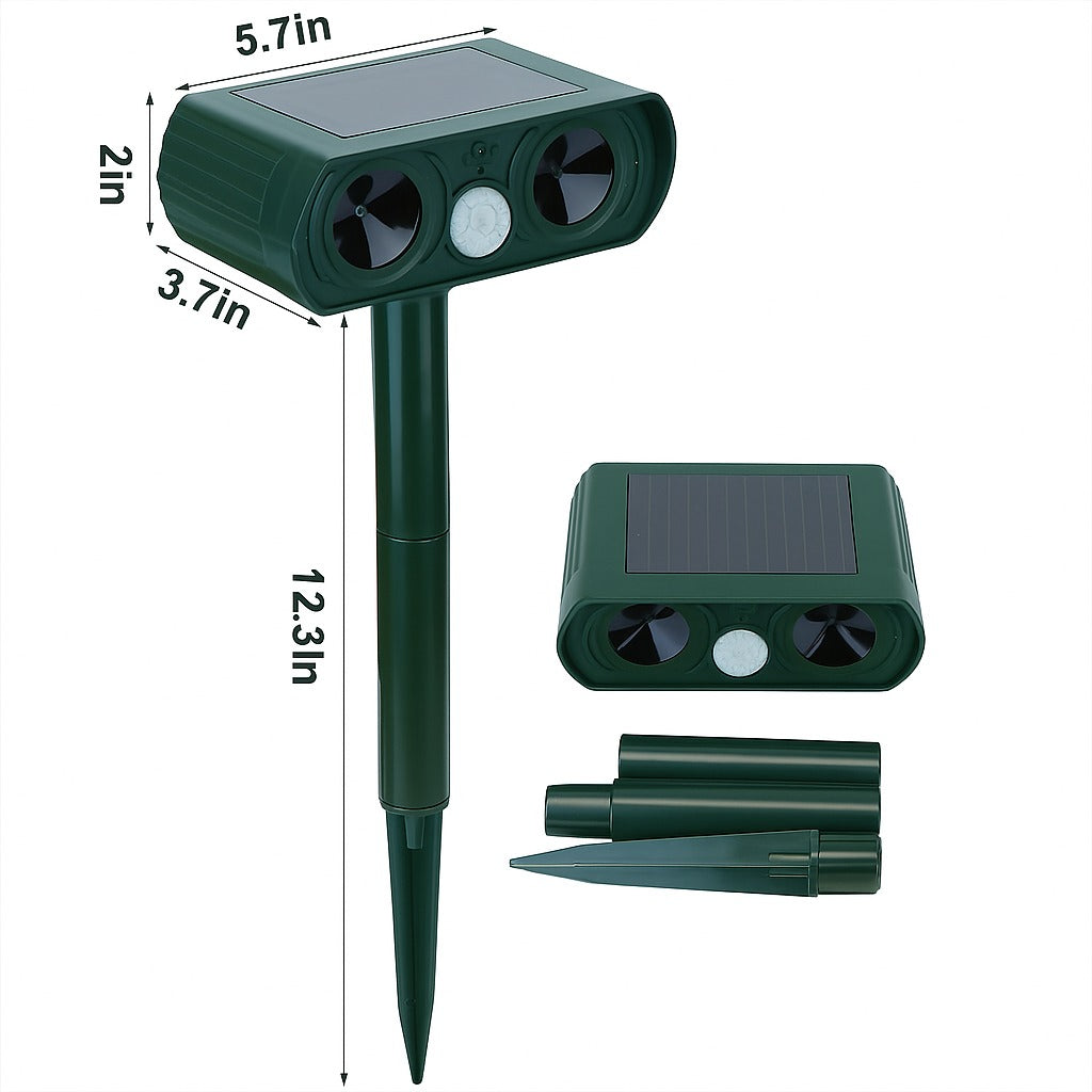 Solar ultrasonic animal repeller with motion sensor, showing detailed dimensions and separate assembly parts