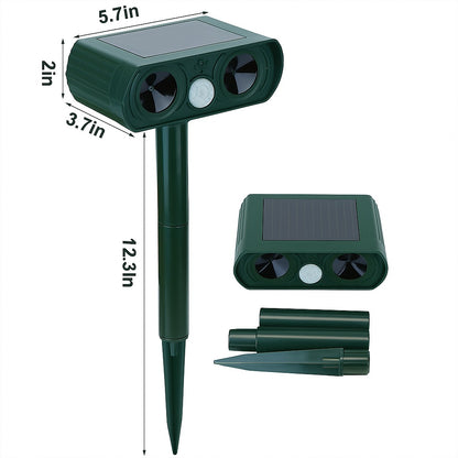 Solar ultrasonic animal repeller with motion sensor, showing detailed dimensions and separate assembly parts