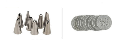 Set of 8 stainless steel icing tips and 13 cookie press discs for baking kit