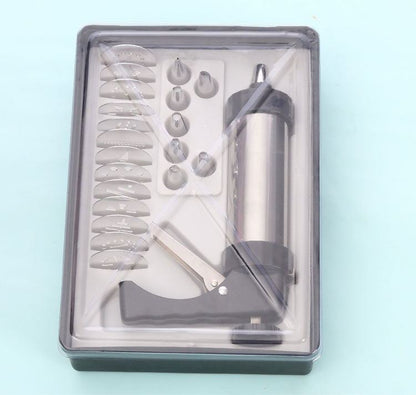 Stainless steel cookie press kit in gift box packaging with 13 discs and 8 icing tips