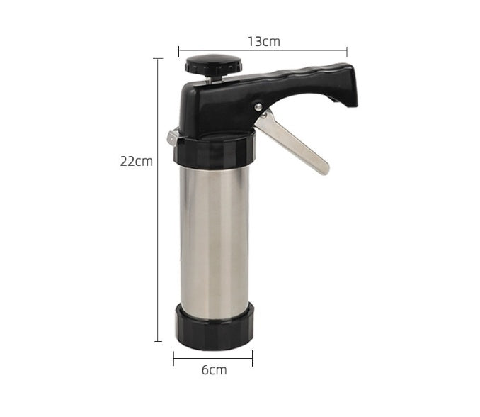 Stainless steel cookie press with size dimensions 22 cm height, 13 cm handle, 6 cm base