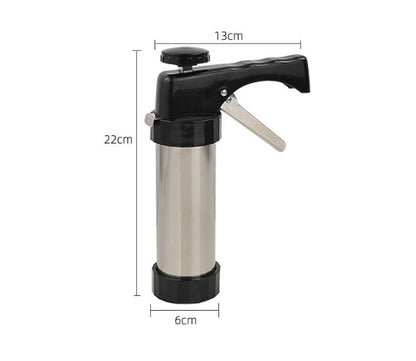 Stainless steel cookie press with size dimensions 22 cm height, 13 cm handle, 6 cm base