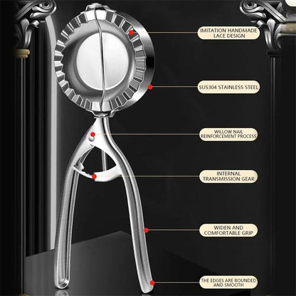 Labeled diagram of stainless steel dumpling maker showing key design features and parts