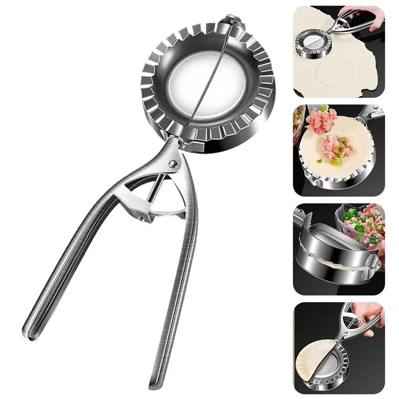 Stainless steel dumpling maker with step-by-step images showing cutting, filling, and sealing dumplings