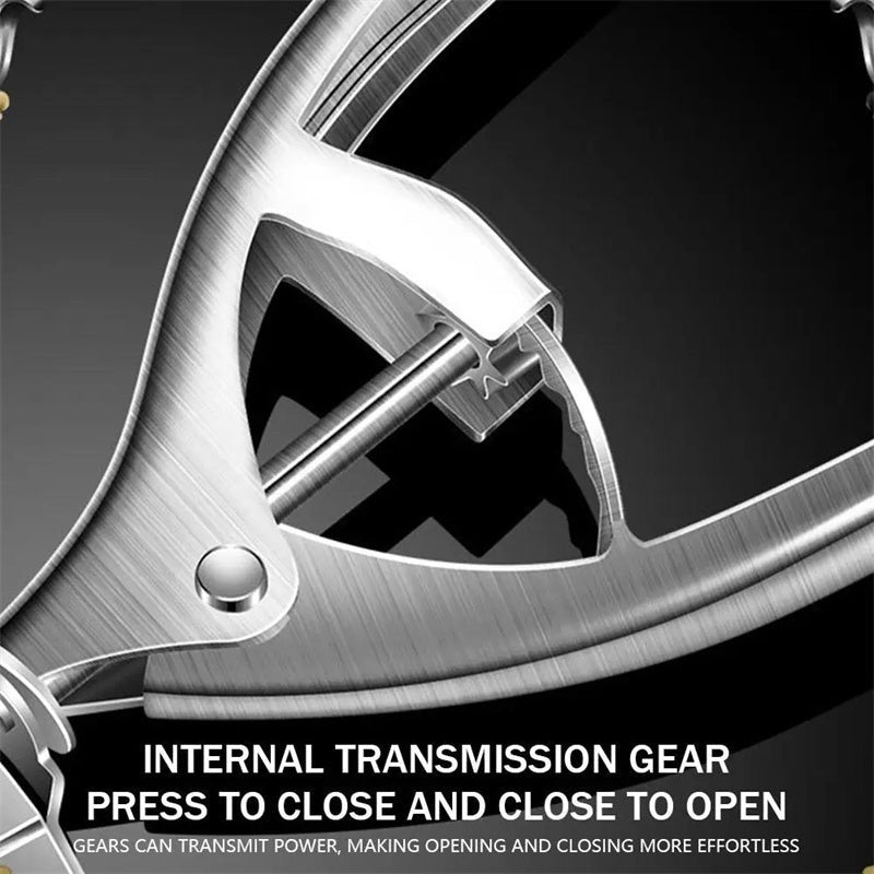 Close-up of internal transmission gear on stainless steel dumpling maker handle